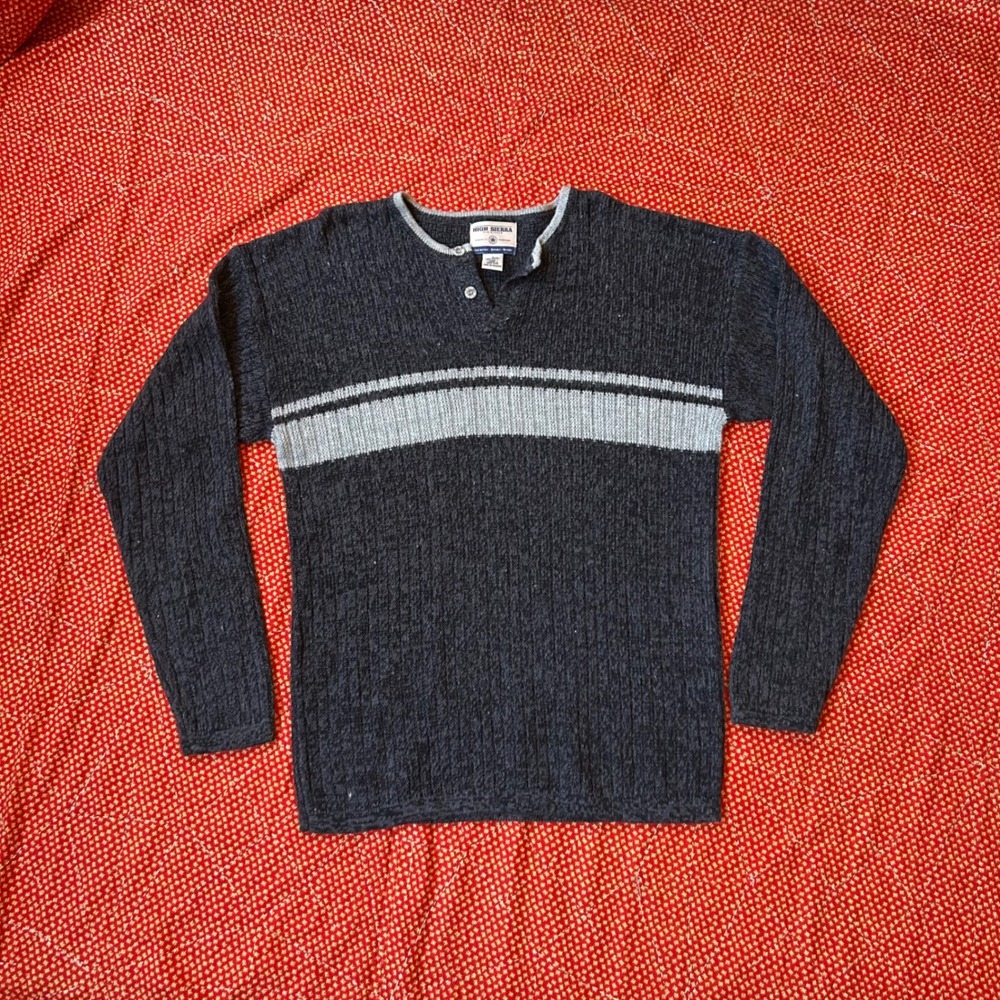 High Sierra vtg 90s Mens Gray Striped Henley Neck Knit Sweater Large Vintage
